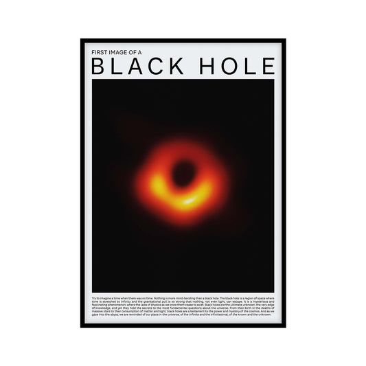 Poster featuring the first-ever captured image of a black hole located in the M87 galaxy, with vivid orange, red, and yellow ring against a black background, captured by the Event Horizon Telescope, perfect for astronomy wall art and space decor.