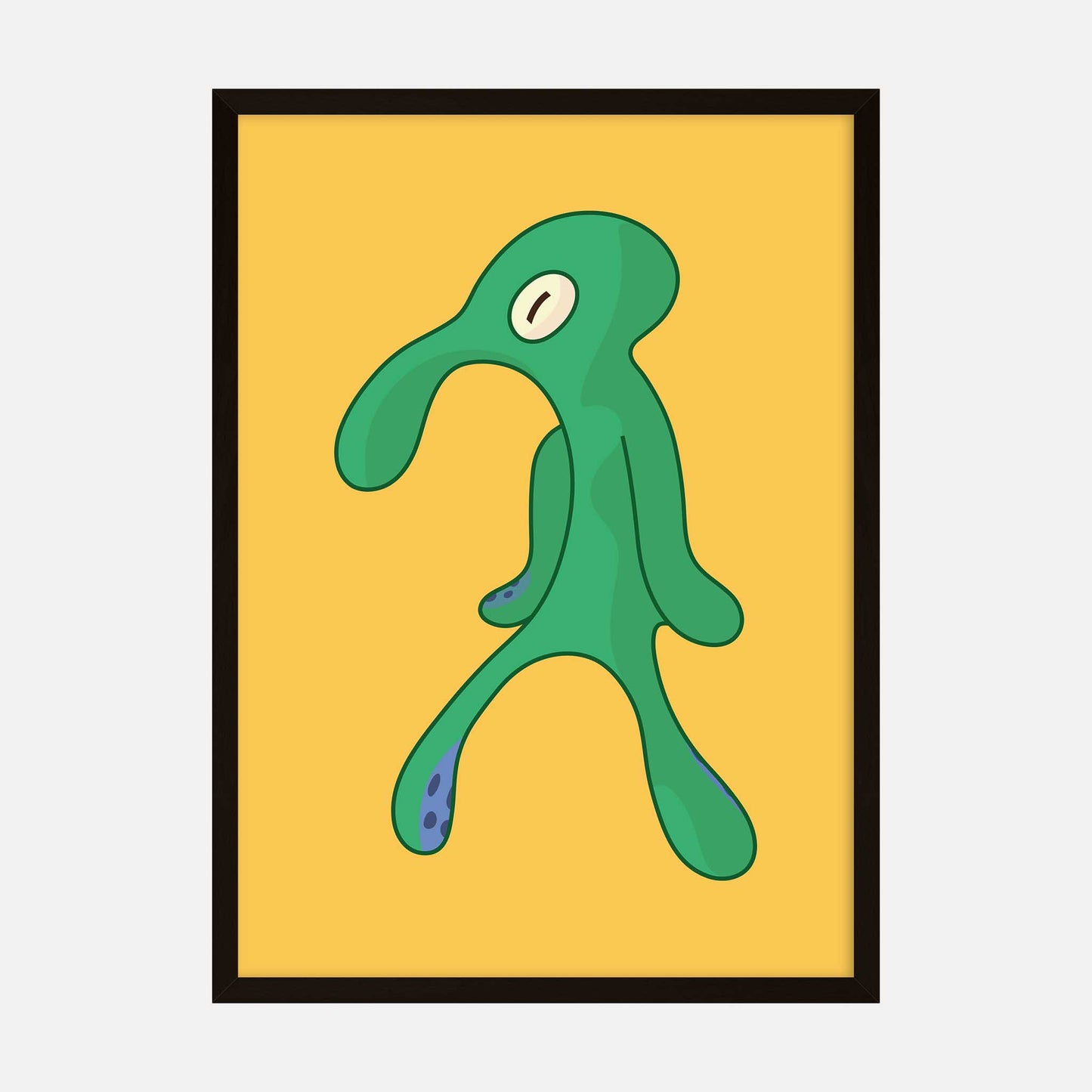 A quirky green character on a bright yellow background, adding a playful and bold touch to wall decor.