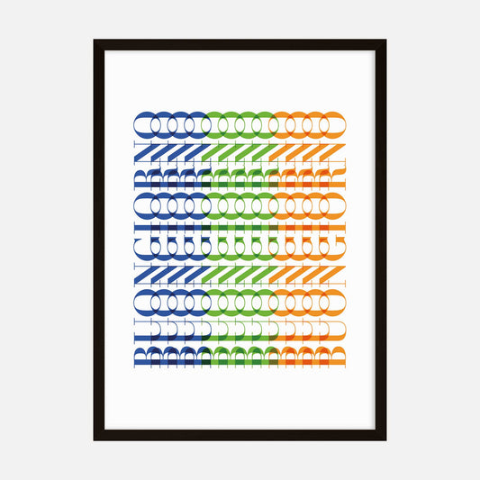 Colorful typography art print featuring the word Buongiorno repeated in blue, green, and orange hues.