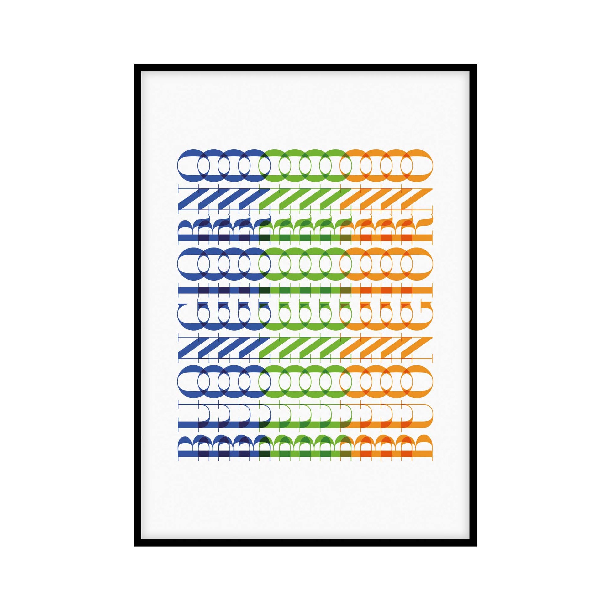 Poster featuring a white background with the Italian word buongiorno vertically aligned and repeated 12 times in blue, green, and orange.