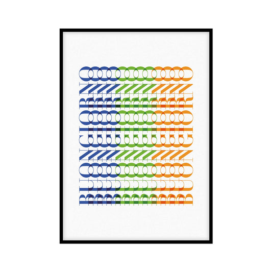 Poster featuring a white background with the Italian word buongiorno vertically aligned and repeated 12 times in blue, green, and orange.