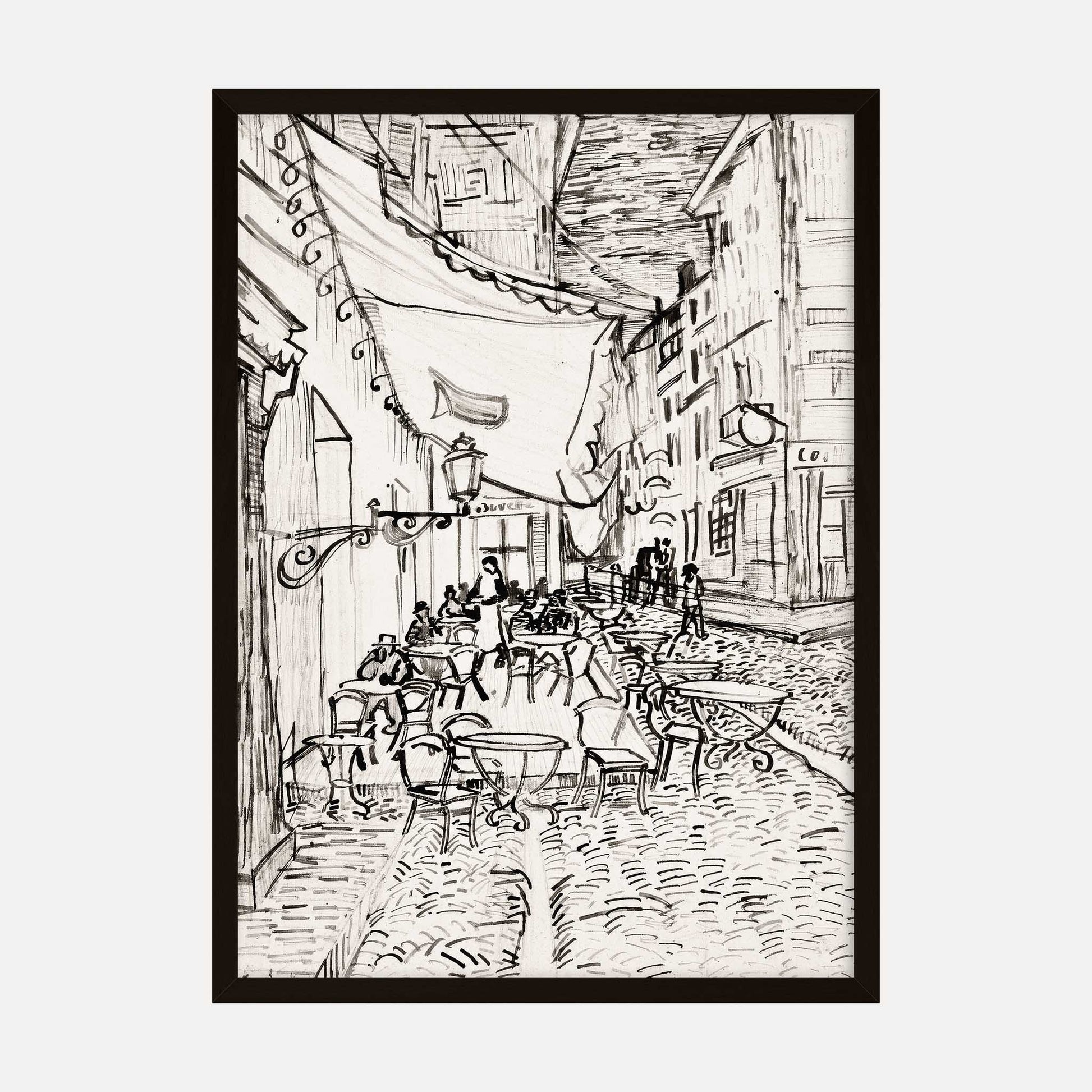 Monochrome sketch-style print of Vincent van Gogh's Cafe Terrace at Night showcasing a cafe scene in Arles.