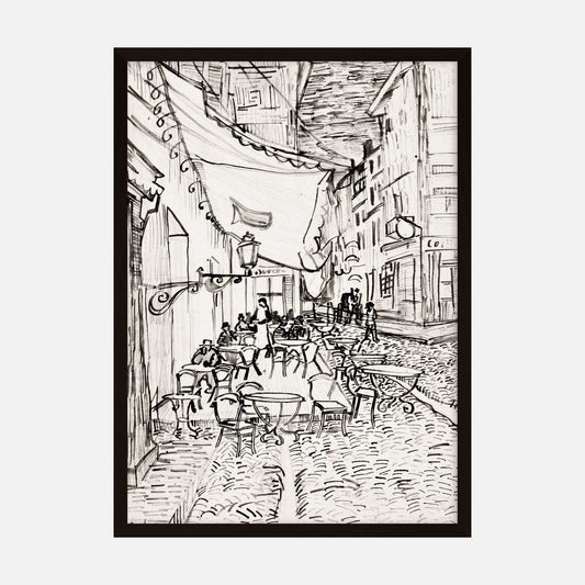 Monochrome sketch-style print of Vincent van Gogh's Cafe Terrace at Night showcasing a cafe scene in Arles.