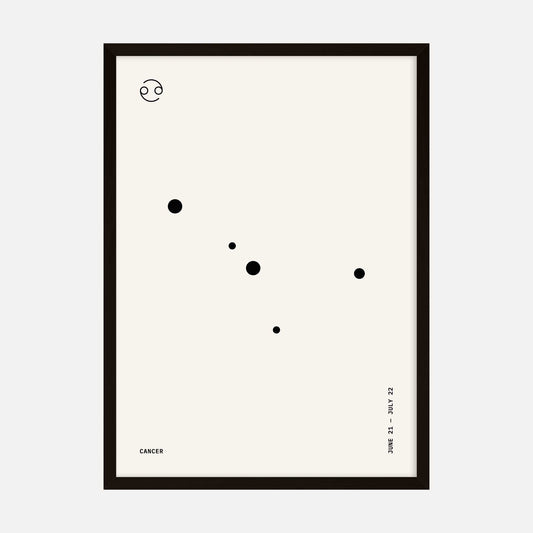 Minimalist Cancer zodiac constellation art print in black and white.