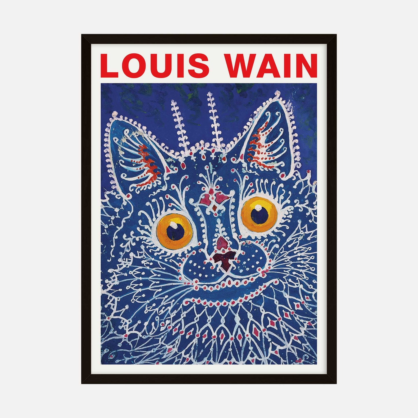 Vibrant cat art print by Louis Wain featuring intricate patterns, bold yellow eyes, and a rich blue background.