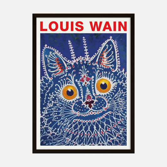 Vibrant cat art print by Louis Wain featuring intricate patterns, bold yellow eyes, and a rich blue background.