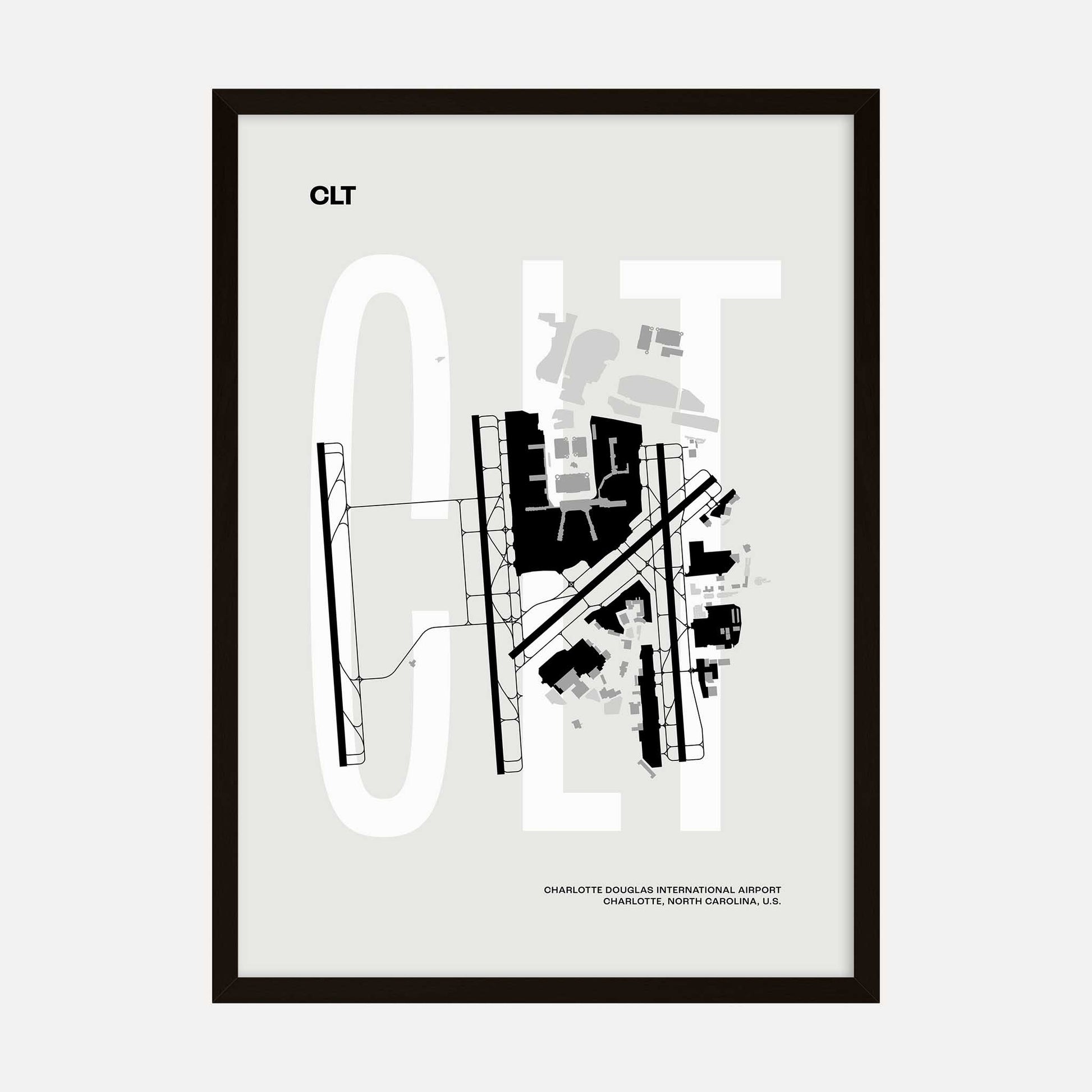 Minimalist art print of Charlotte Douglas International Airport (CLT), showing the terminal and runway layout in black and white, framed against a light background.