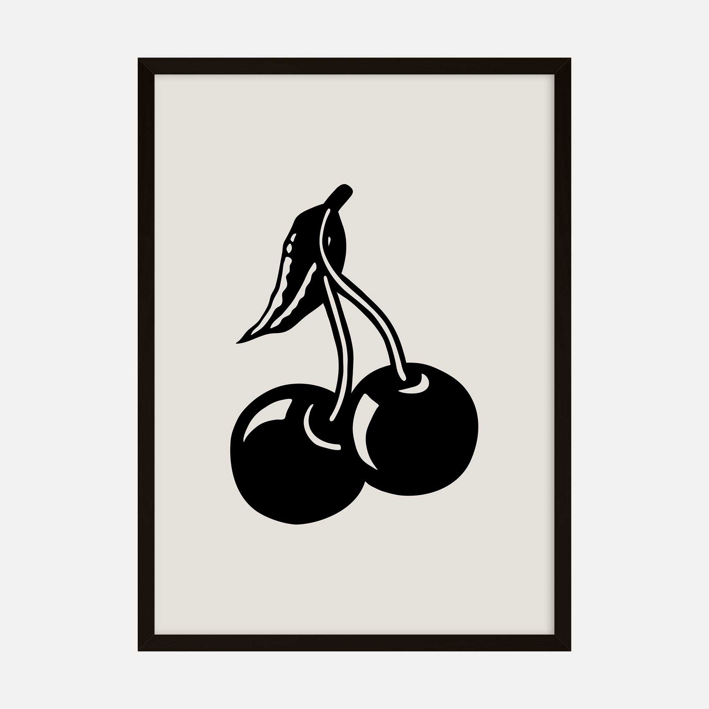 Minimalist black and white illustration of two cherries with a leaf, in a simple and bold line art style.