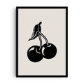 Minimalist art print showing two cherries with a leaf, illustrated in bold black silhouette on a light background. A modern and playful fruit-inspired wall art design.