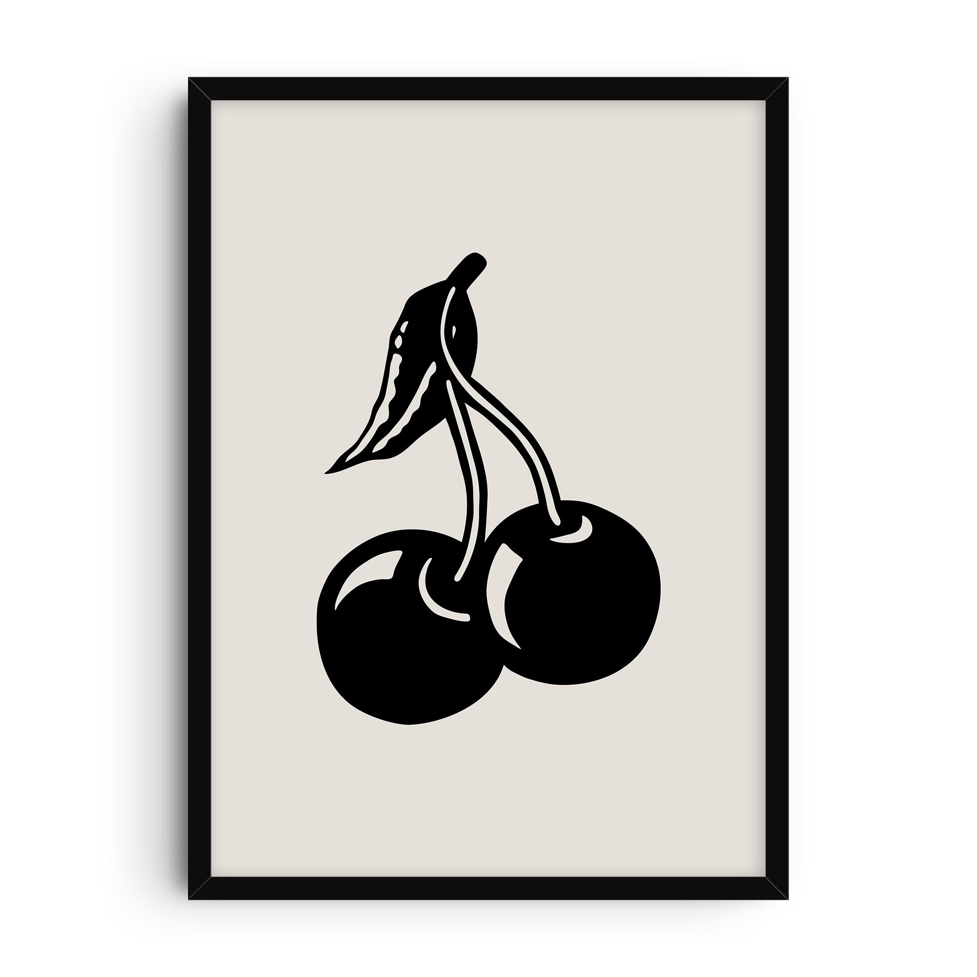 Minimalist art print showing two cherries with a leaf, illustrated in bold black silhouette on a light background. A modern and playful fruit-inspired wall art design.