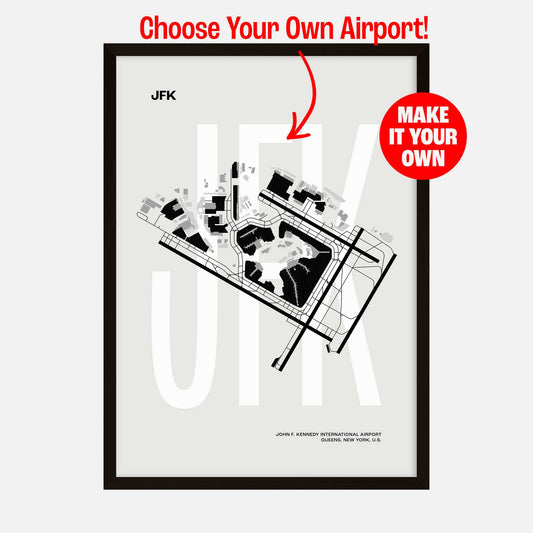 Customizable airport map art print showing the layout of any chosen airport in a minimalist black-and-white style, framed against a light background.