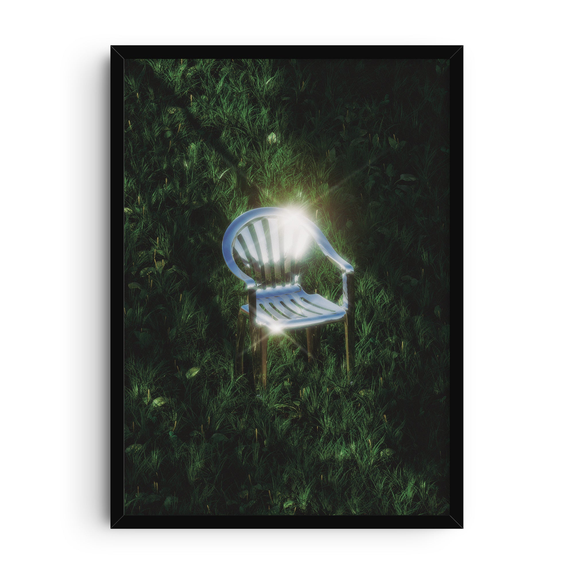 Surreal art print of a chrome monobloc chair reflecting sunlight in a grassy field, minimalist digital render with cinematic lighting, modern wall decor poster.