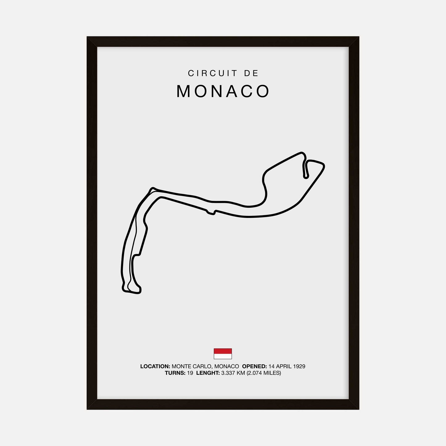 Minimalist art print of the Circuit de Monaco track outline, showcasing the layout of the iconic Monte Carlo street circuit in a modern design.