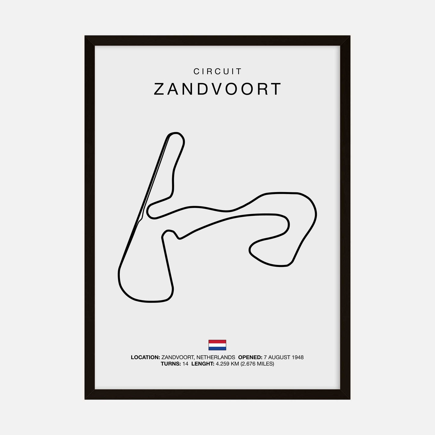 Minimalist art print of the Circuit Zandvoort track outline, showcasing the layout of the famous Dutch racing circuit in a sleek, modern design.