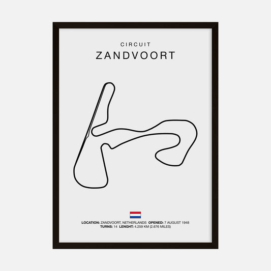 Minimalist art print of the Circuit Zandvoort track outline, showcasing the layout of the famous Dutch racing circuit in a sleek, modern design.