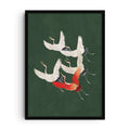 Japanese-inspired art print of five cranes flying against a dark green background, with four in white and one in red. A graceful and symbolic wall poster.