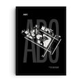 Minimalist black and white airport map print showing runways, taxiways, and terminal buildings on a dark background with bold lettering. Modern aviation wall art designed for pilots, travelers, and aviation enthusiasts.