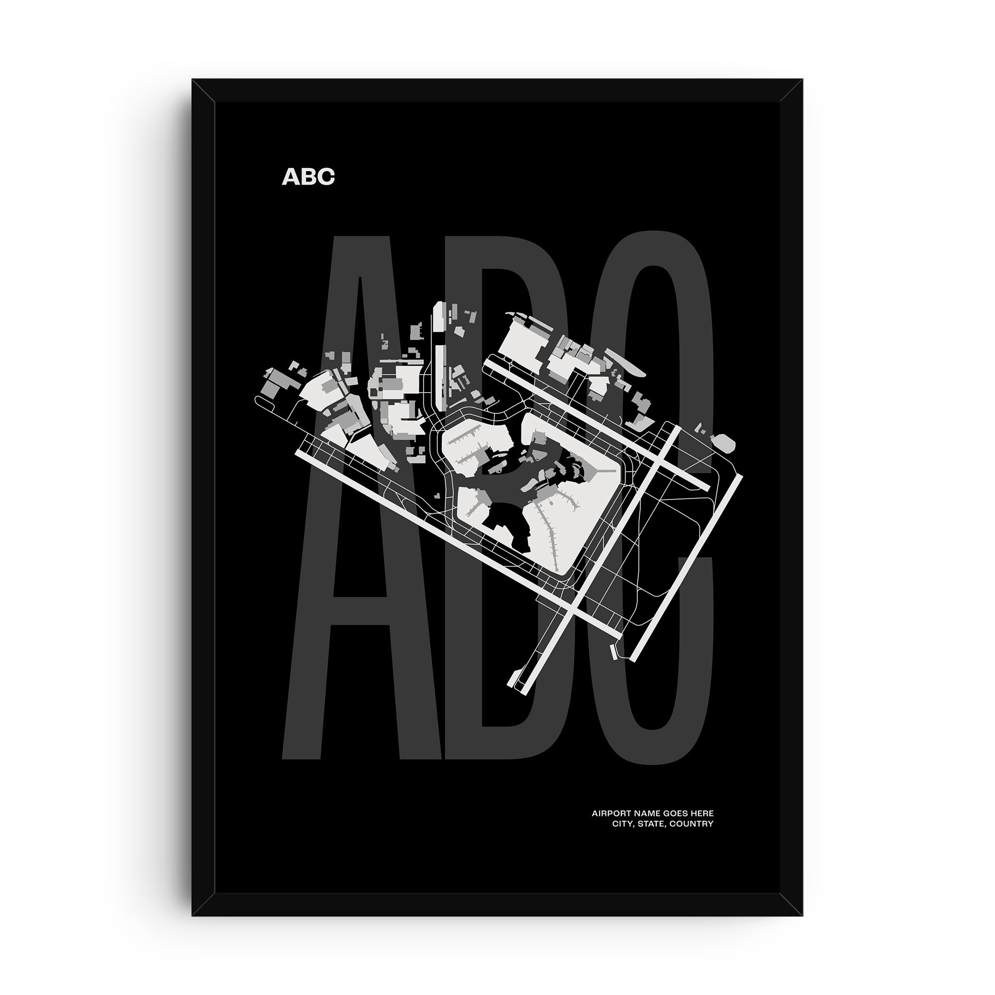 Minimalist black and white airport map print showing runways, taxiways, and terminal buildings on a dark background with bold lettering. Modern aviation wall art designed for pilots, travelers, and aviation enthusiasts.