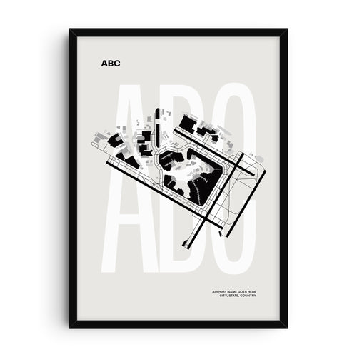 Minimalist black and white custom airport map print with clean lines, runways, taxiways, aprons and buildings, styled as modern aviation wall art.