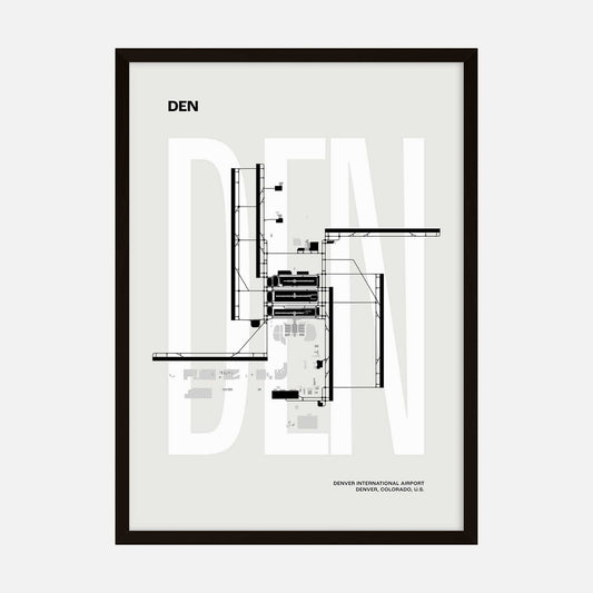 Minimalist black-and-white map art print of Denver International Airport (DEN) showing the airport layout, framed and ready to display.