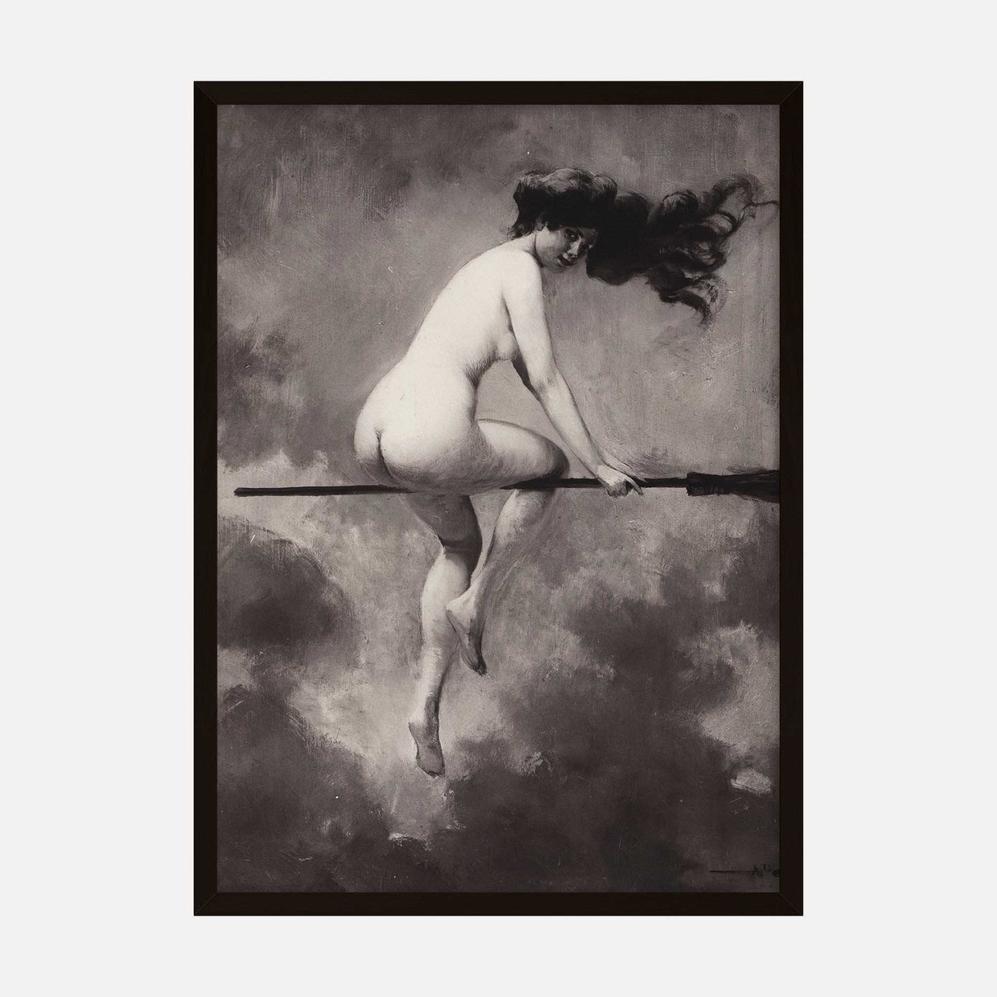 Vintage witch illustration art print by Albert Joseph Penot, depicting a witch on a broom.