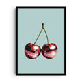 Pop art poster featuring two cherries illustrated as red disco balls with reflective squares, set against a light blue background.