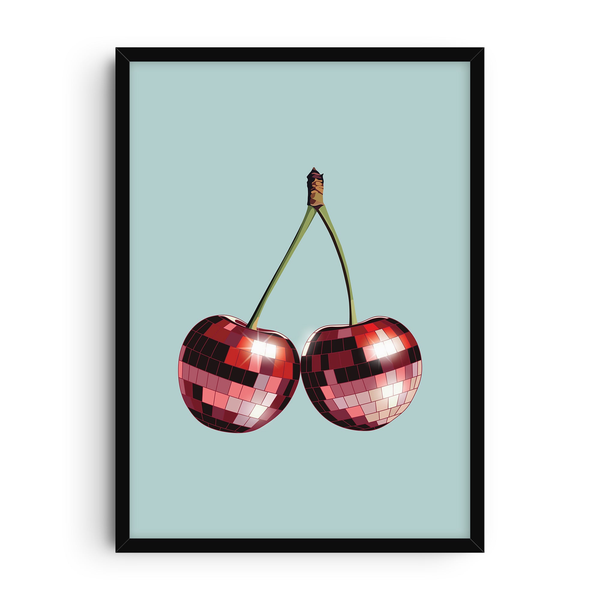 Pop art poster featuring two cherries illustrated as red disco balls with reflective squares, set against a light blue background.