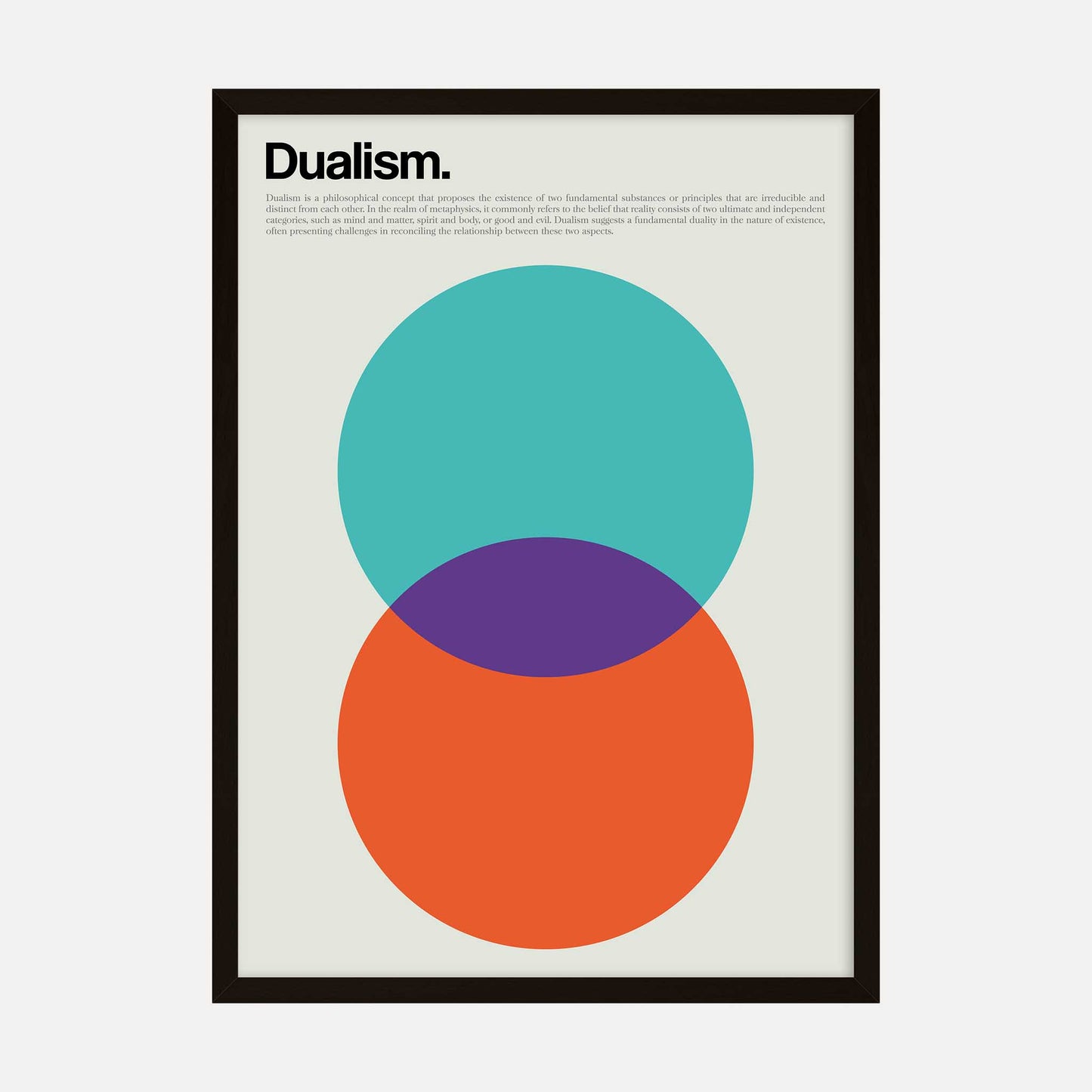 Dualism art print with teal, orange, and purple circles representing balance and contrast in a minimalist design.