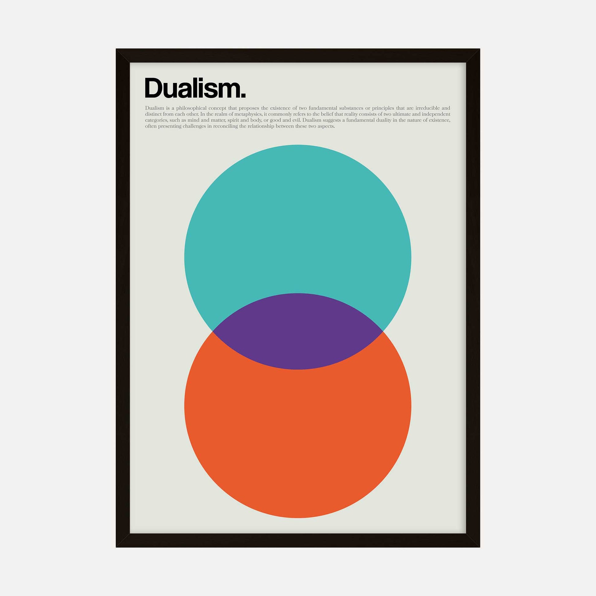 Dualism art print with teal, orange, and purple circles representing balance and contrast in a minimalist design.