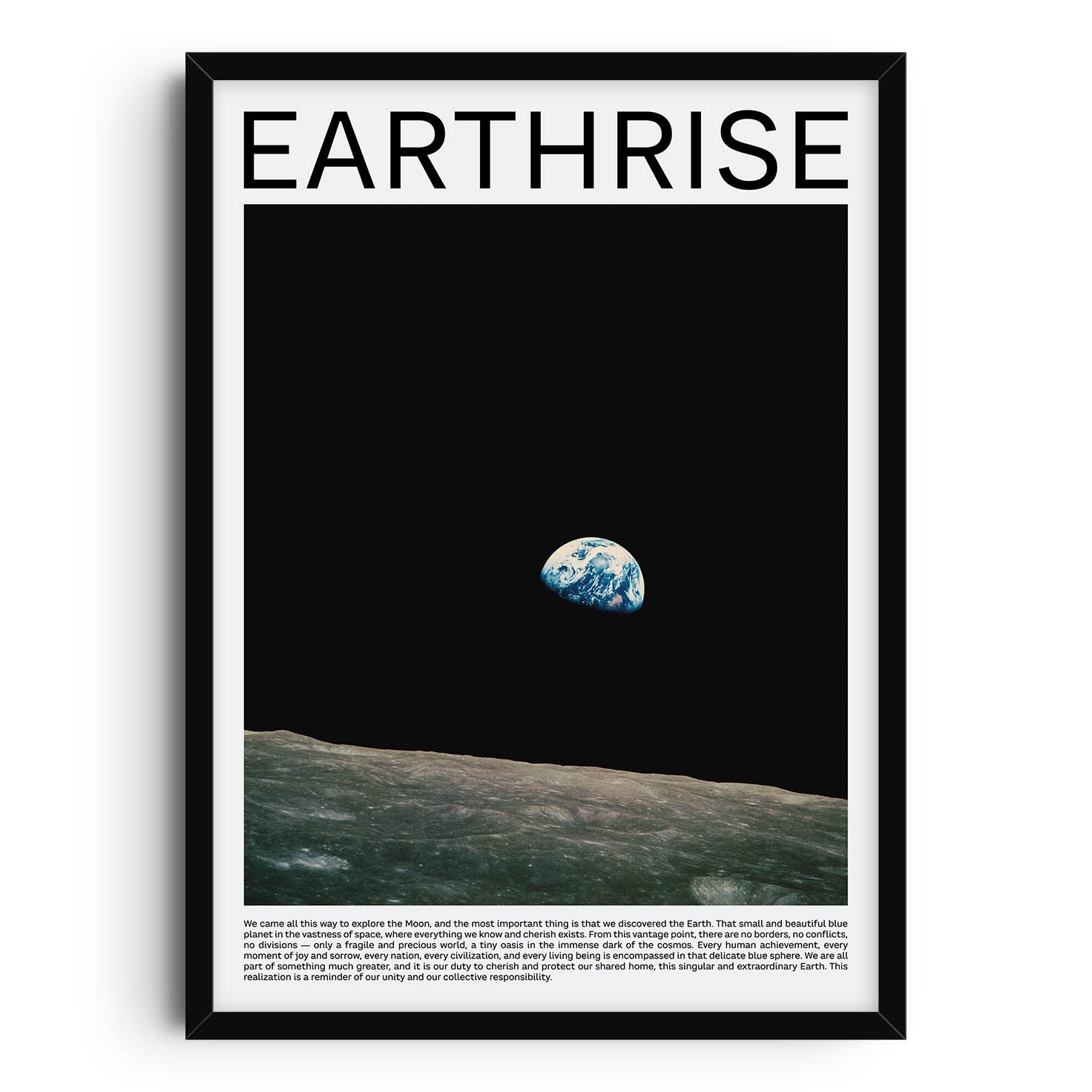 Mid century modern poster featuring the iconic Earthrise image showing Earth peering brightly over the bleak horizon of the moon against the vastness of space, captured by William Anders during the NASA Apollo 8 mission.