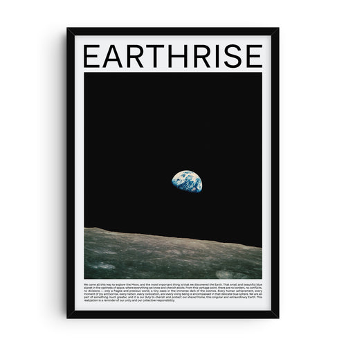 Minimalist poster featuring the famous Earthrise photograph: planet Earth rising above the gray lunar horizon, set against the vast blackness of space.