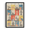 Vintage Japanese woodblock-style print by Utagawa Hiroshige showing eight shadow puppet figures created with hands, displayed against a shoji screen background.