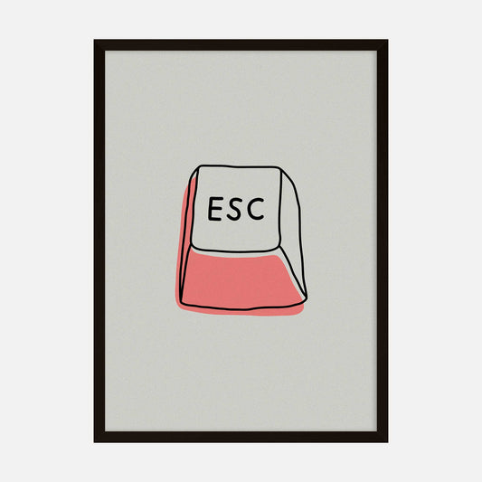 Minimalist art print featuring a stylized illustration of the ESC key from a keyboard in soft pink and gray tones.