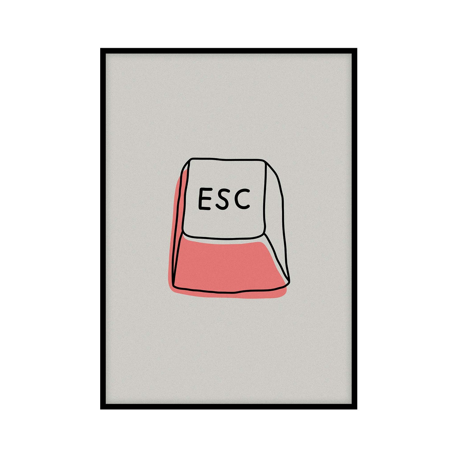 Poster featuring minimalist illustration of an ESC button computer key on a gray background and with pink shades. Perfect for retro wall art, office wall decor, and home decor.