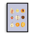 Playful fruit illustration featuring figs, peaches, citrus, apple, pear, and strawberry cross-sections arranged with a feminine, humorous twist.
