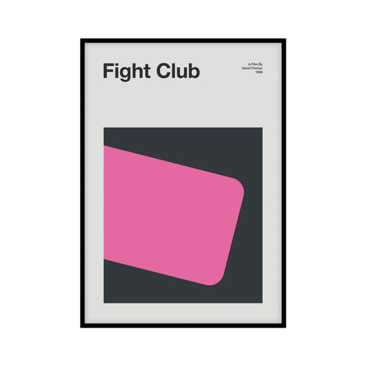 Minimalist Fight Club poster with a grey background, featuring a dark grey rectangle and an abstract geometric form representing the pink soap bar, with the movie title, A film by David Fincher, and 1999 at the top.