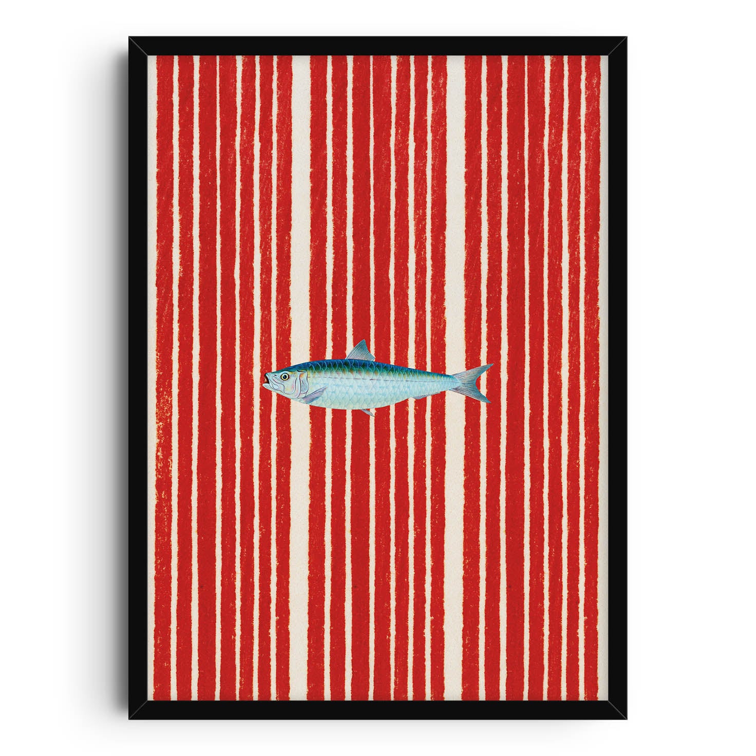 Vibrant art print featuring a detailed blue fish against a bold background of vertical red stripes, combining playful nautical elements with modern abstract design.