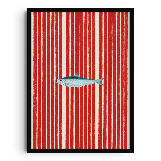 Vibrant art print featuring a detailed blue fish against a bold background of vertical red stripes, combining playful nautical elements with modern abstract design.