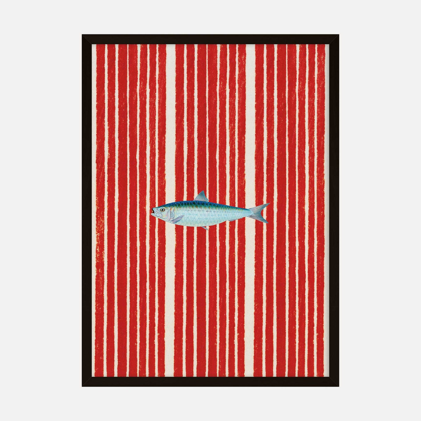 Art print of a fish on bold red stripes, combining nautical and modern pop-art styles.