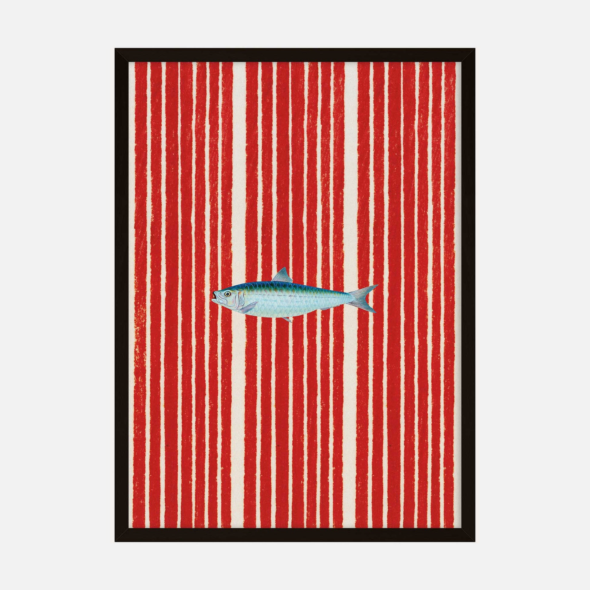 Art print of a fish on bold red stripes, combining nautical and modern pop-art styles.