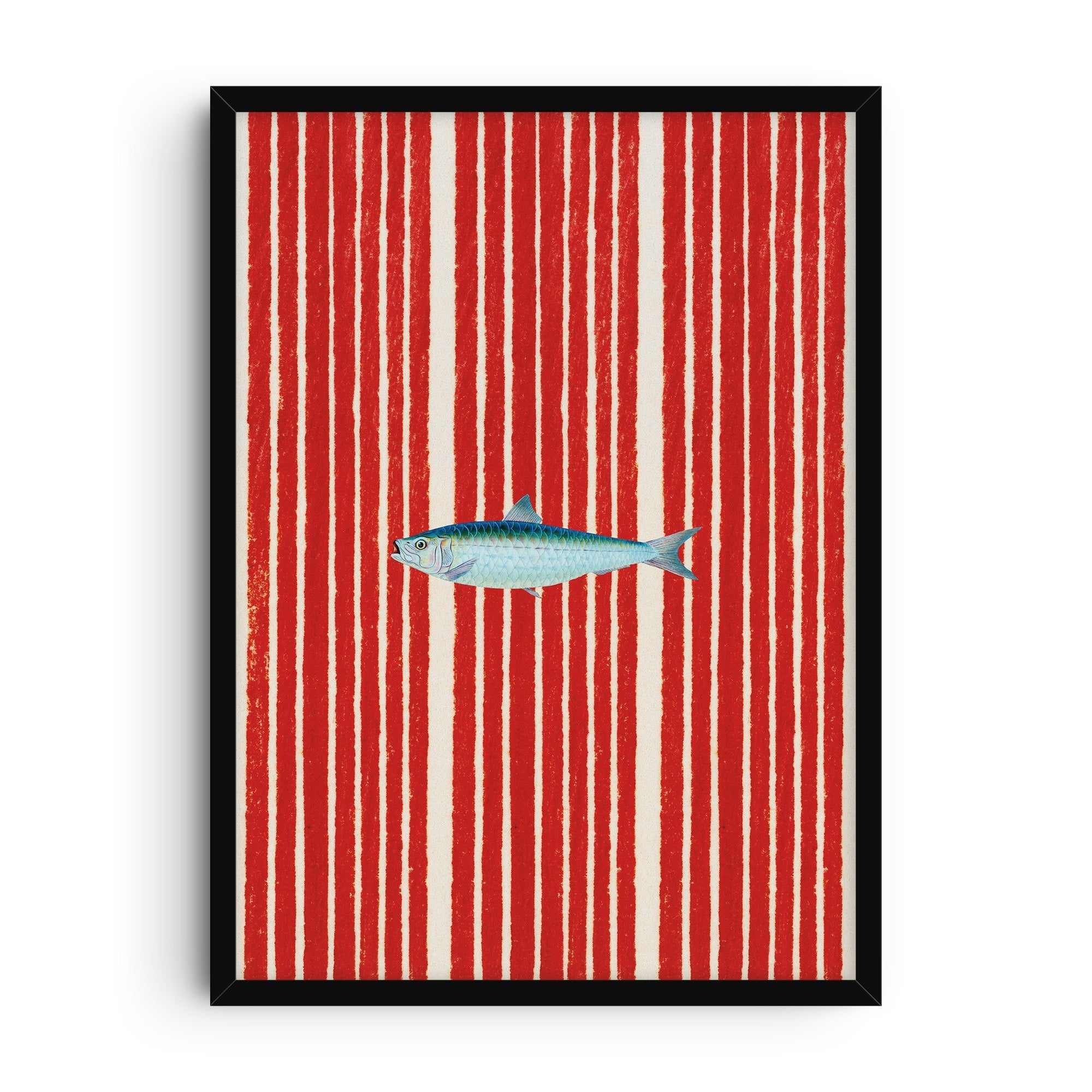 Pop art style poster with a blue fish illustration placed over bold vertical red stripes.