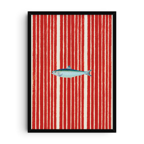 Pop art style poster with a blue fish illustration placed over bold vertical red stripes.
