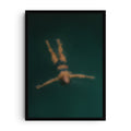 Abstract impressionist painting of a woman floating on calm teal water, evoking serenity and stillness.
