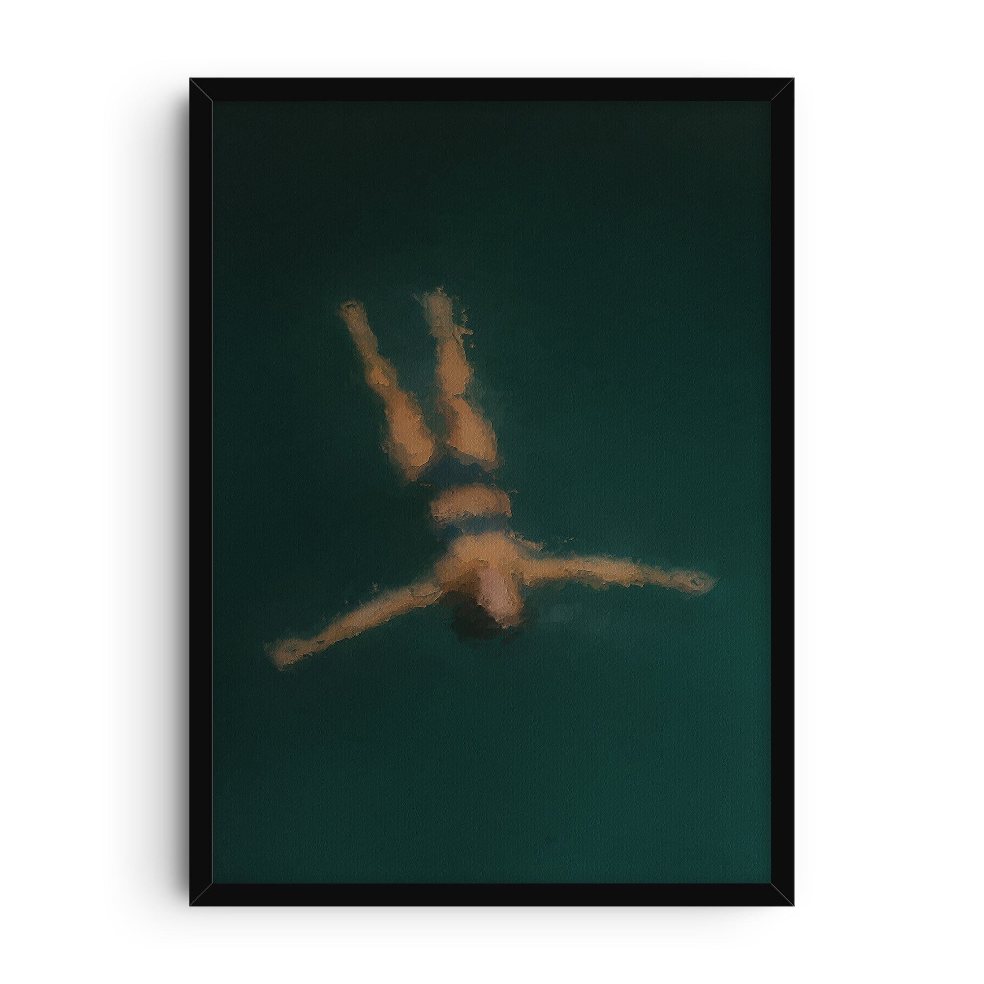 Abstract impressionist painting of a woman floating on calm teal water, evoking serenity and stillness.