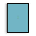 Minimalist art print showing a woman in a red swimsuit floating in calm blue water, centered composition with a modern and serene design.