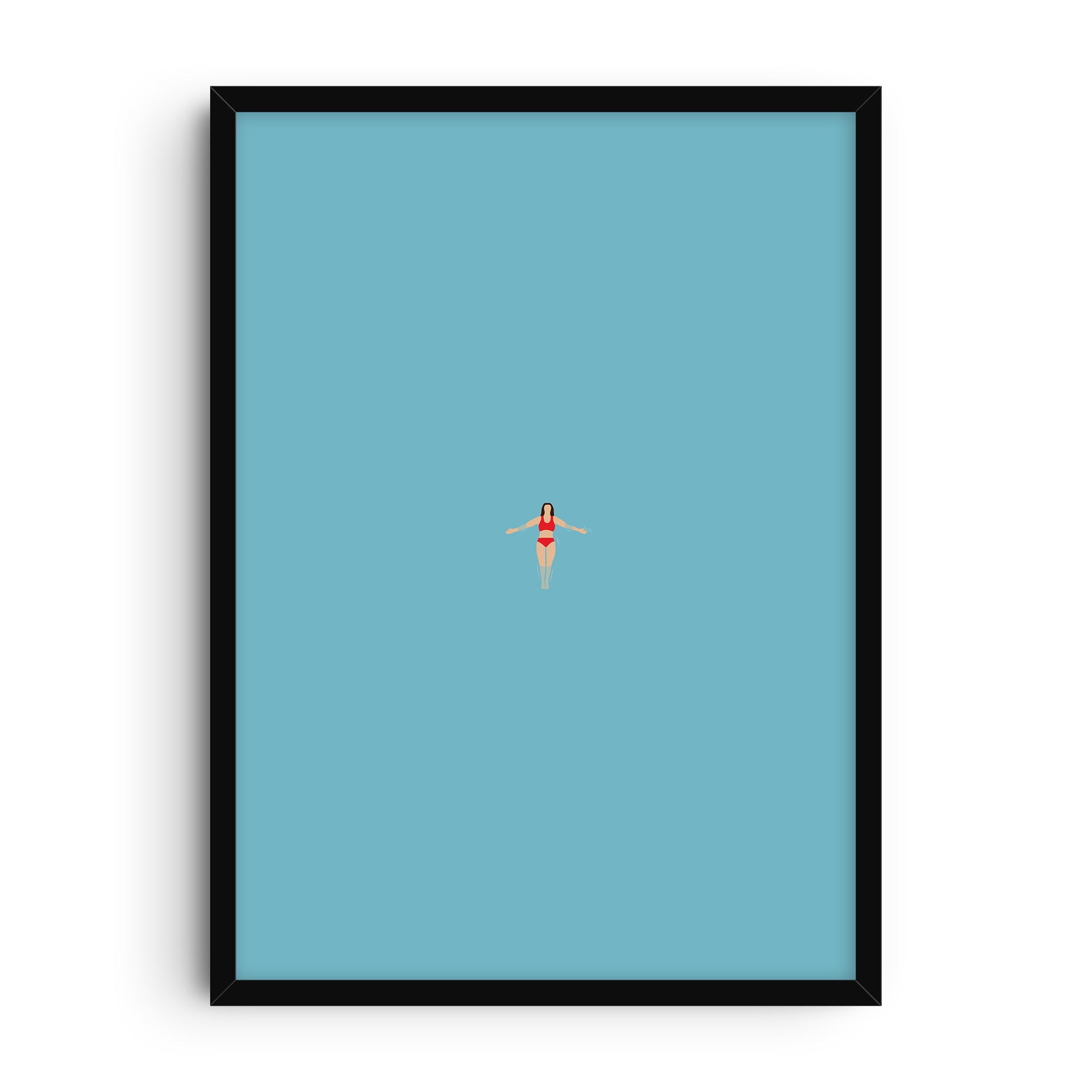 Minimalist art print showing a woman in a red swimsuit floating in calm blue water, centered composition with a modern and serene design.
