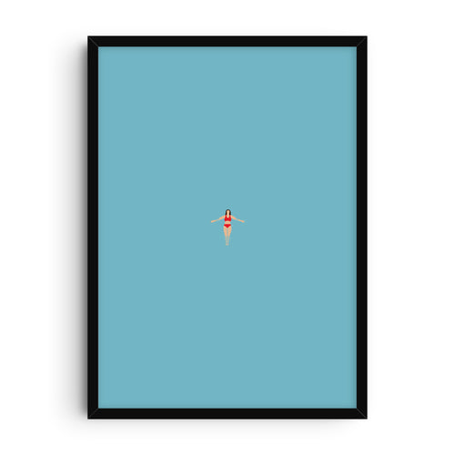 Minimalist art print showing a woman in a red swimsuit floating in calm blue water, centered composition with a modern and serene design.
