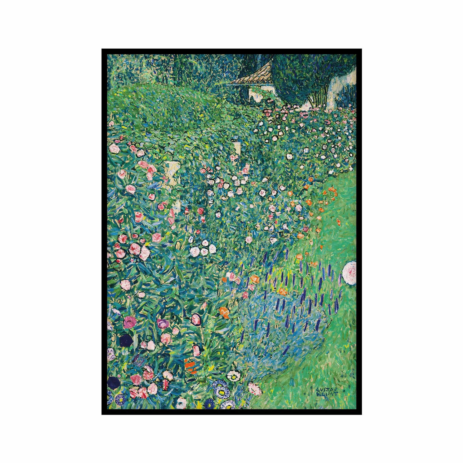 Poster of the famous painting Italian Garden Landscape by Gustav Klimt featuring a lush and colorful garden scene with various flowers and greenery, capturing the essence of nature in a decorative and impressionist style.