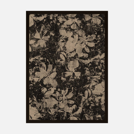 Vintage floral abstract art print with dark, distressed botanical pattern in earthy tones.