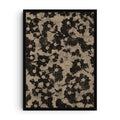 Abstract floral art print featuring distressed black flower silhouettes against an earthy beige background with layered textures. A grunge-inspired botanical wall art design.